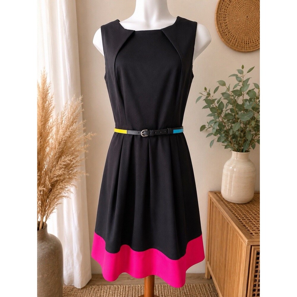 Calvin Klein Black Neon Pink Colorblock Pleated Dress Petite P NWOT Belted